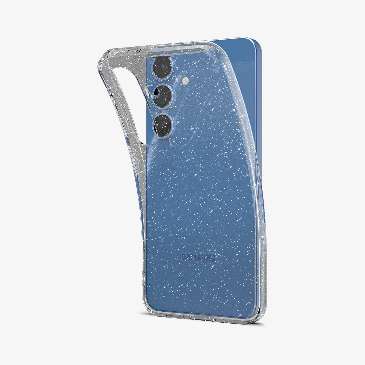 ACS08976 - Galaxy S25 Plus Case in Crystal Quartz showing the back, partial side, partly lifted from the device