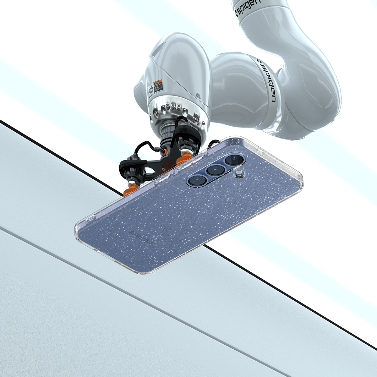 ACS08976 - Galaxy S25 Plus Case in Crystal Quartz showing the back, partial side and top with a robot sitting on top of the case