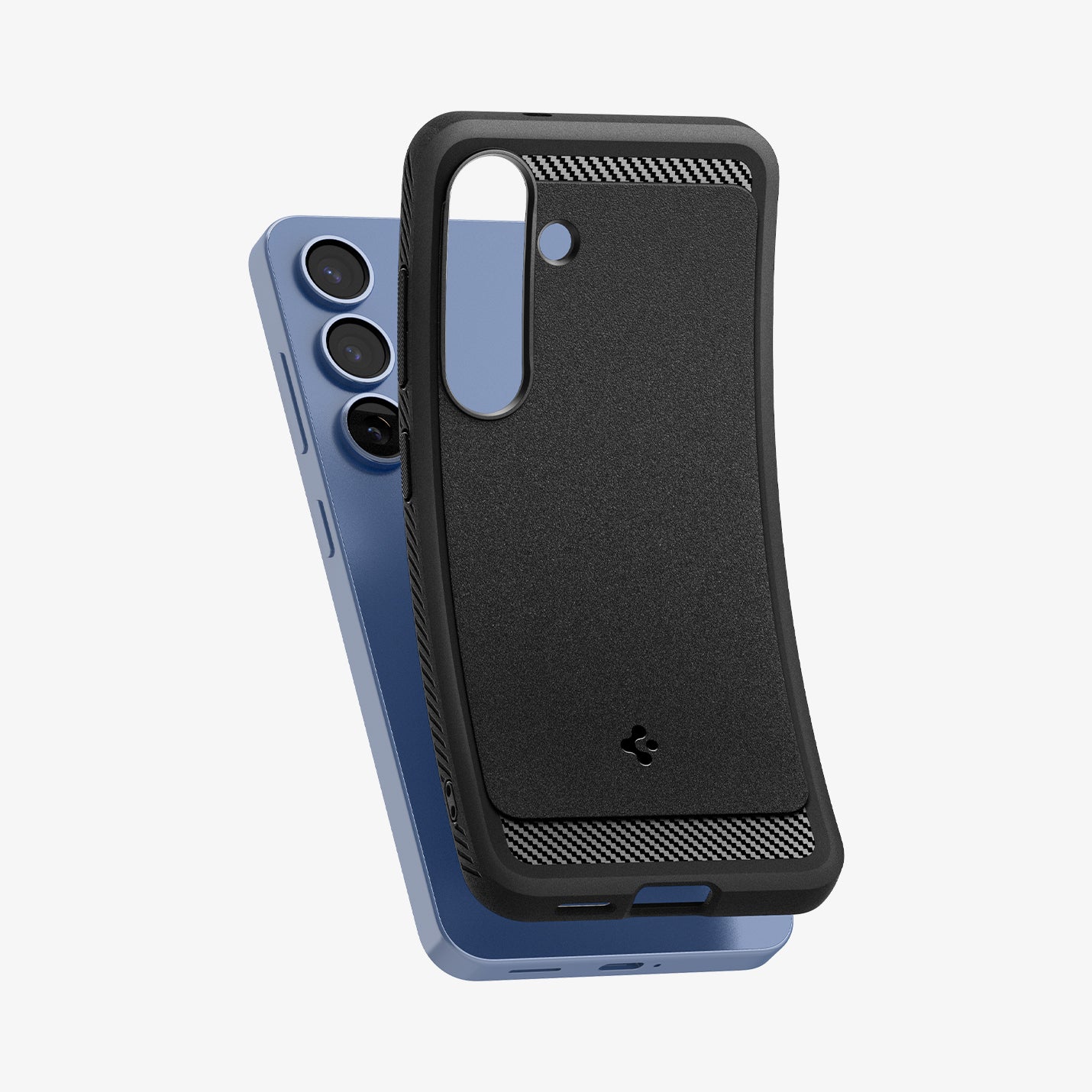 ACS08977 - Galaxy S25 Plus Case Rugged Armor (MagFit) in Matte Black showing the back, partial side and bottom partially hovering in front of the device