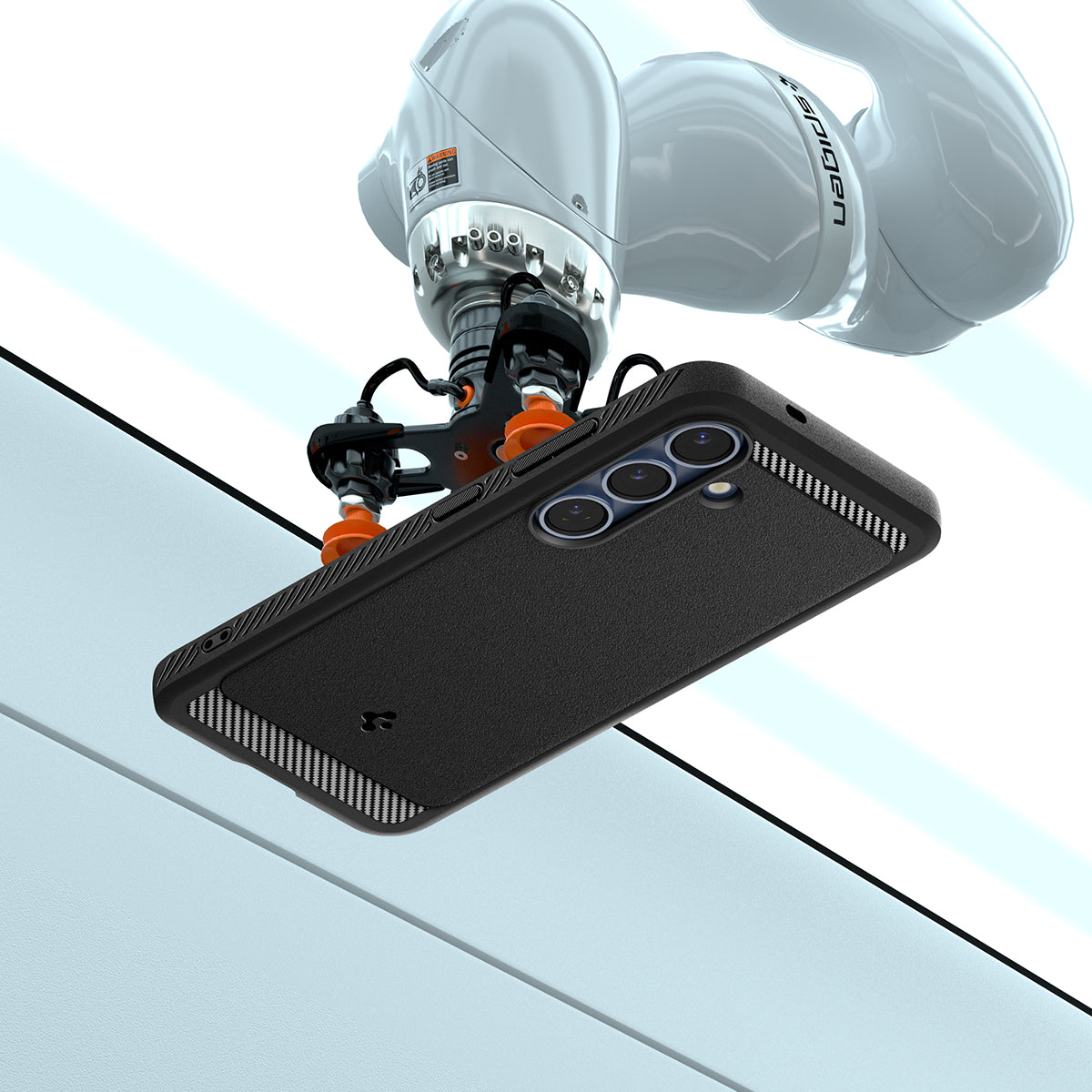 ACS08977 - Galaxy S25 Plus Case Rugged Armor (MagFit) in Matte Black showing the back, partial side and top with robot sitting on top of the device