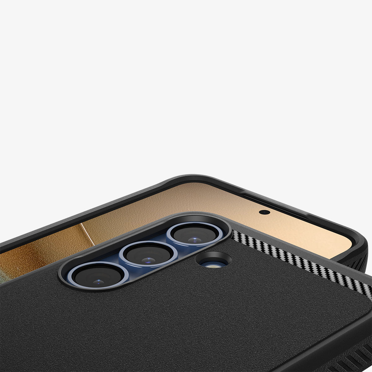 ACS08977 - Galaxy S25 Plus Case Rugged Armor (MagFit) in Matte Black showing the partial back, partial front with lens camera zoomed in