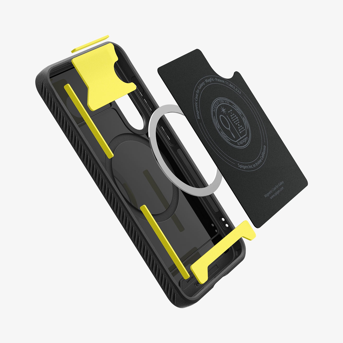ACS08977 - Galaxy S25 Plus Case Rugged Armor (MagFit) in Matte Black showing the inner layer detached hovering above the detached magring and the case