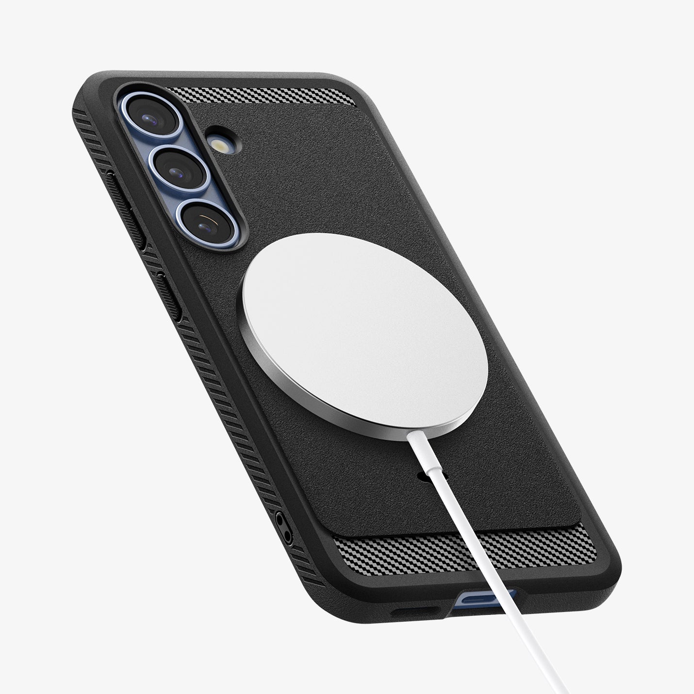 ACS08977 - Galaxy S25 Plus Case Rugged Armor (MagFit) in Matte Black showing the back, partial side and bottom with magsafe charger attached