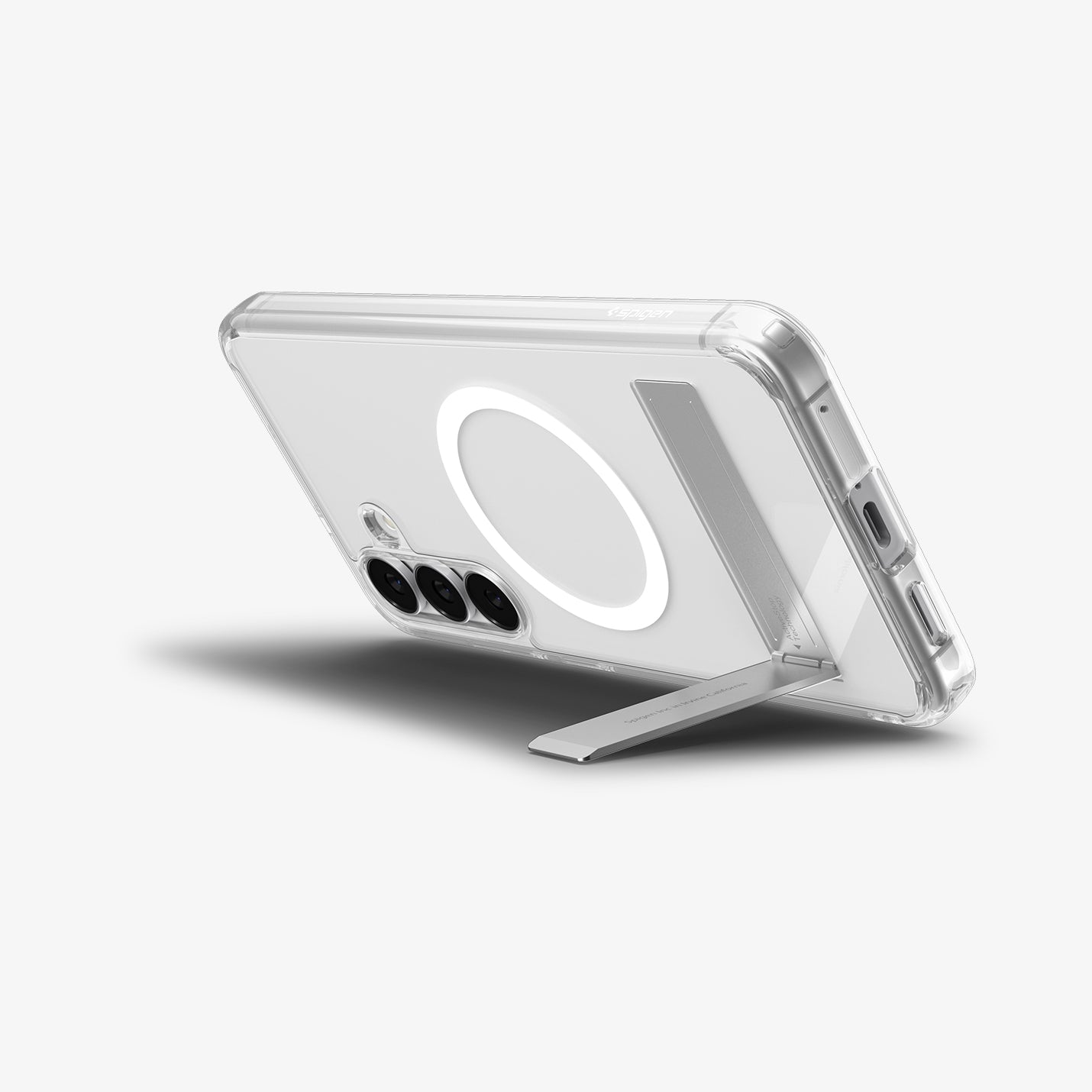 ACS10023 - Galaxy S25 FE Case Slim Armor Essential (MagFit) in clear showing the back with device propped up by built in kickstand