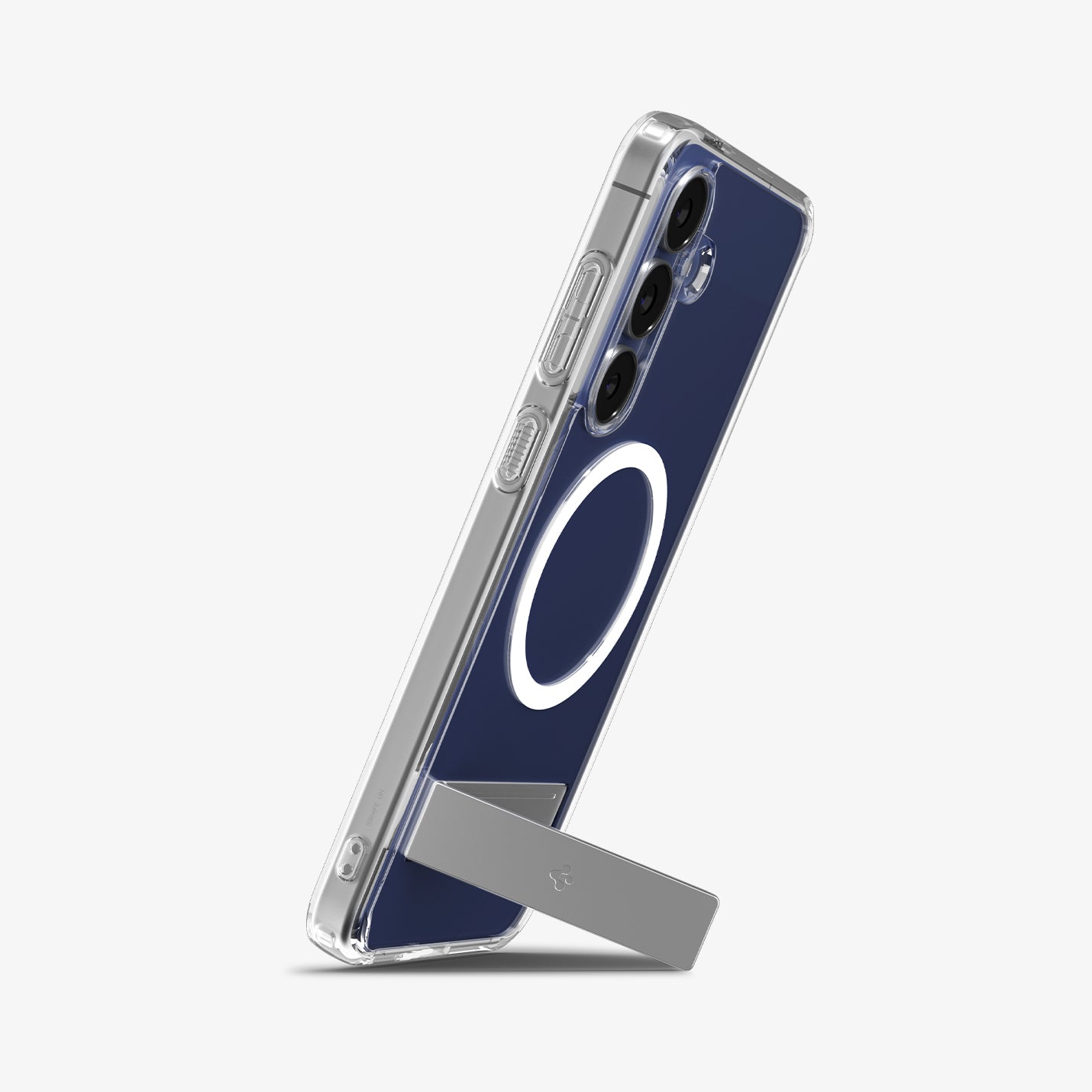 ACS10023 - Galaxy S25 FE Case Slim Armor Essential (MagFit) in clear showing the back and side with device propped up by built in kickstand