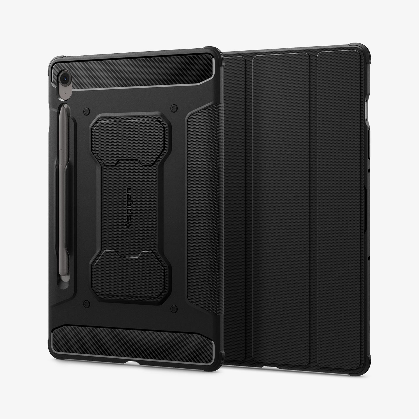 ACS09381 - Galaxy Tab S10 FE+ Case Rugged Armor Pro in Matte Black showing the back and partial front