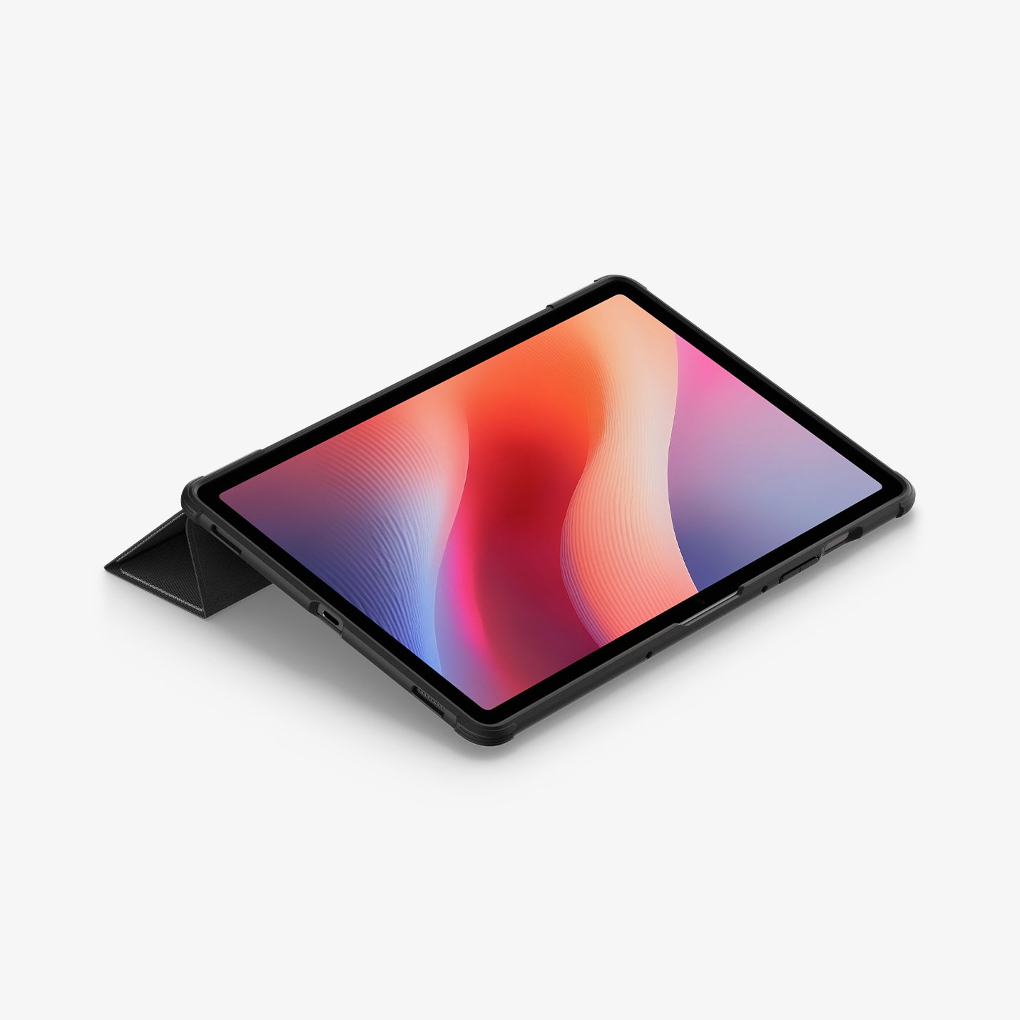 ACS09381 - Galaxy Tab S10 FE+ Case Rugged Armor Pro in Matte Black showing the front, partial side and bottom with front cover converted into stand