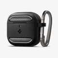 ACS08642 - AirPods 4 Pro Case Rugged Armor in Matte Black showing the front, partial side with carabiner