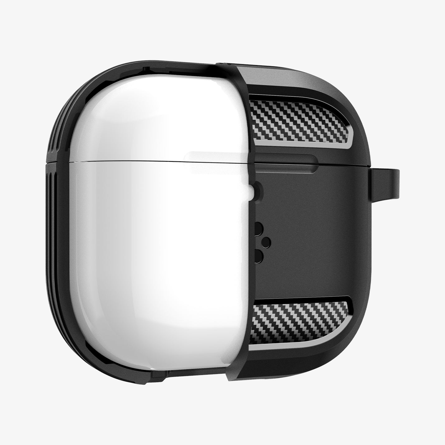 ACS08642 - AirPods 4 Pro Case Rugged Armor in Matte Black showing the front partially cut open in half
