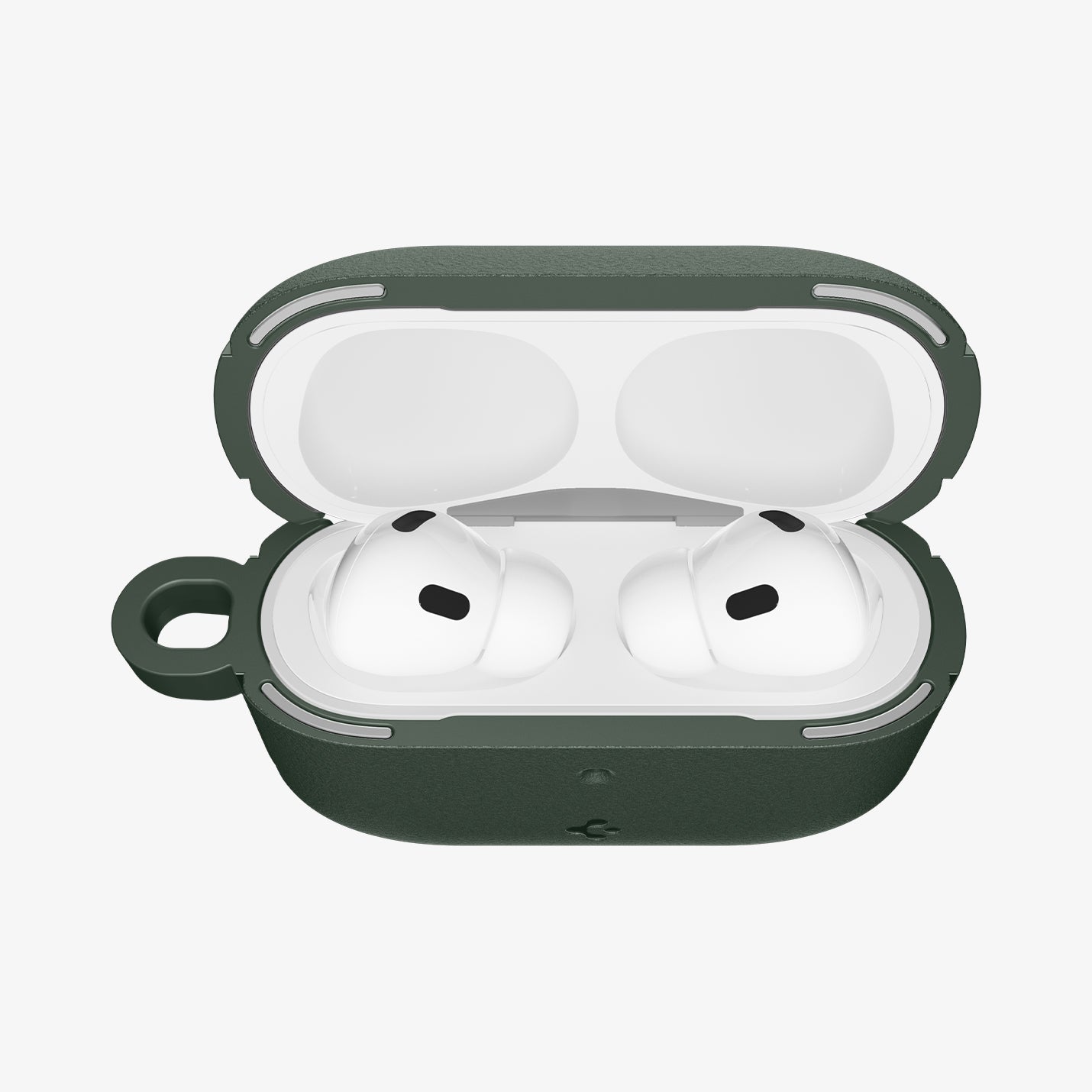 ACS09827 - AirPods Pro 3 Spigen Vault in Midnight Green showing the front with top open and AirPods inside