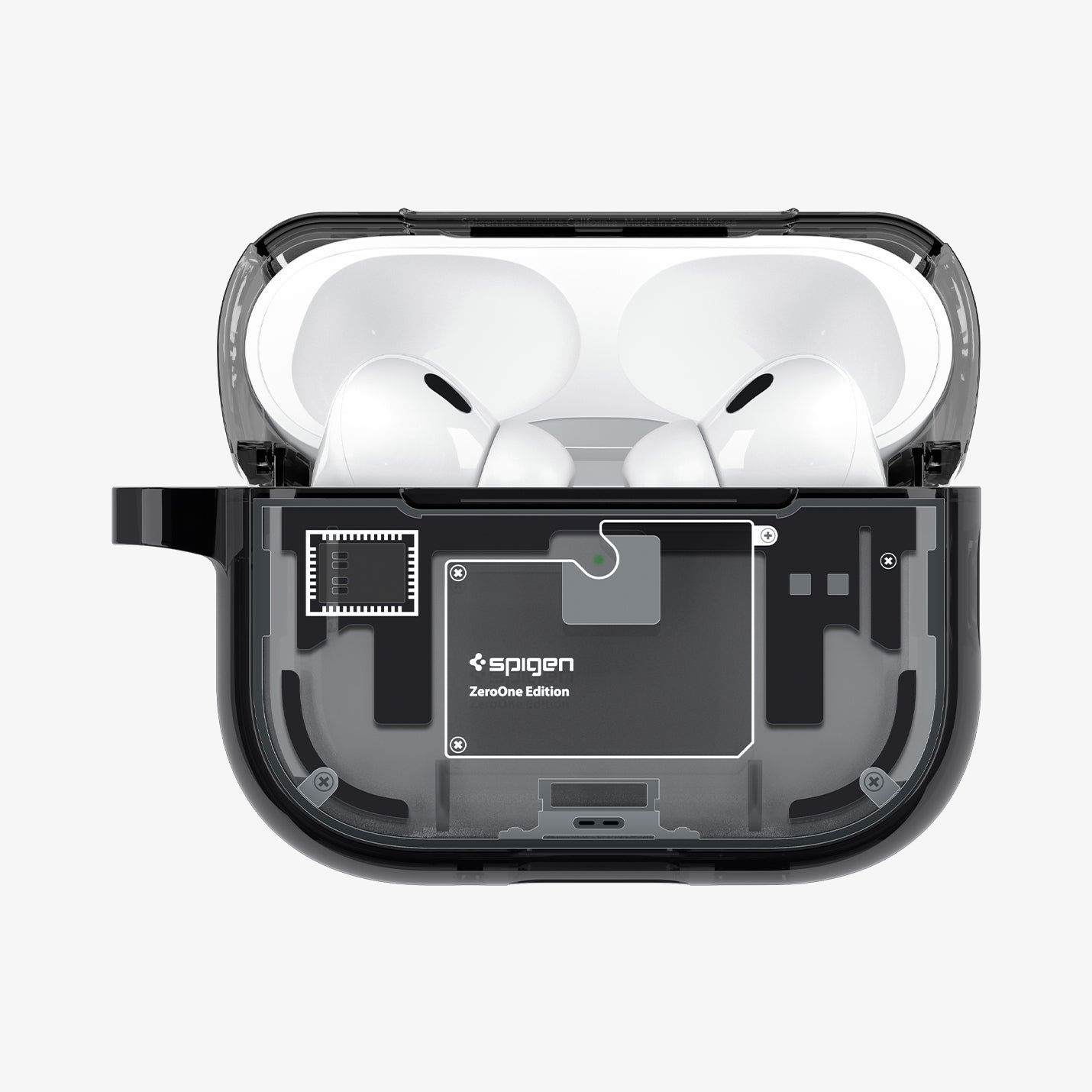 ACS09823 - AirPods Pro 3 Series Ultra Hybrid Zero One (MagFit) in Zero One Black showing the front with top open and AirPods inside