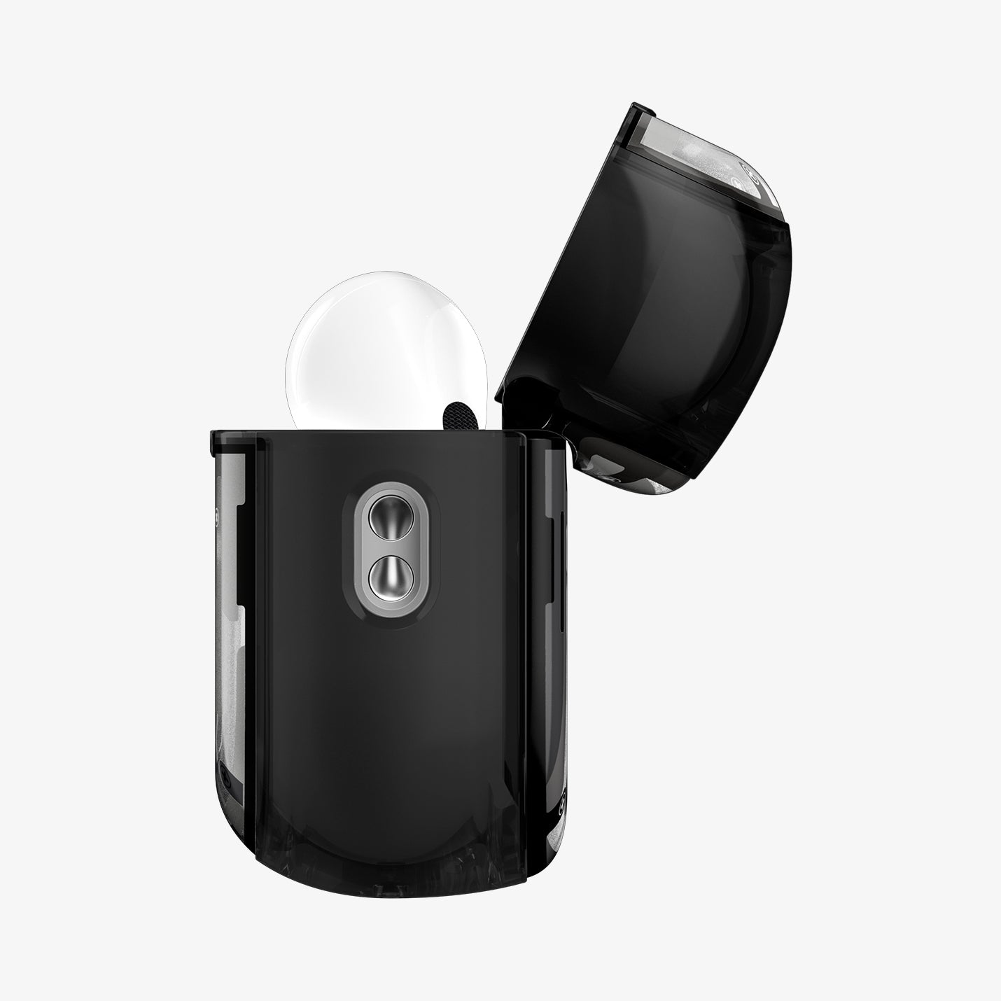 ACS09823 - AirPods Pro 3 Series Ultra Hybrid Zero One (MagFit) in Zero One Black showing the side with top open and AirPods inside