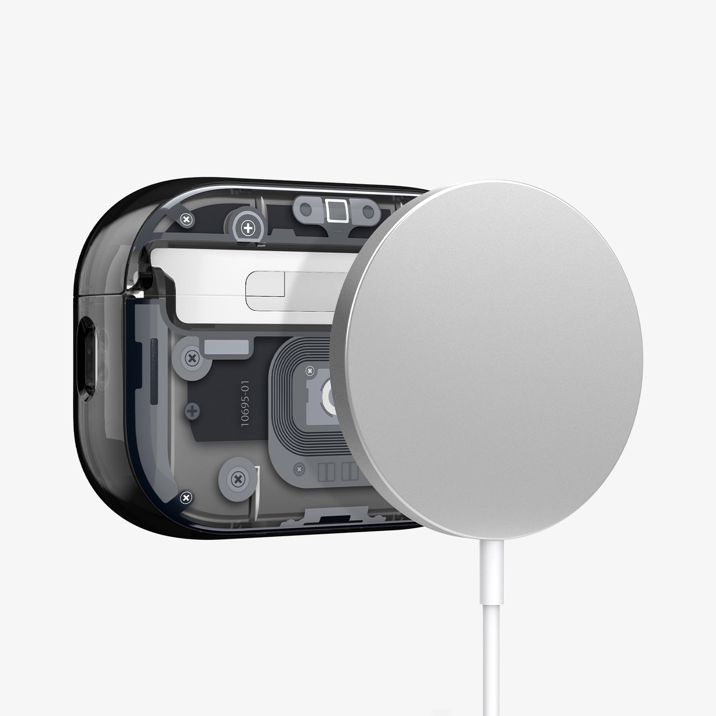 ACS09823 - AirPods Pro 3 Series Ultra Hybrid Zero One (MagFit) in Zero One Black showing back with magsafe charger hovering away from AirPods