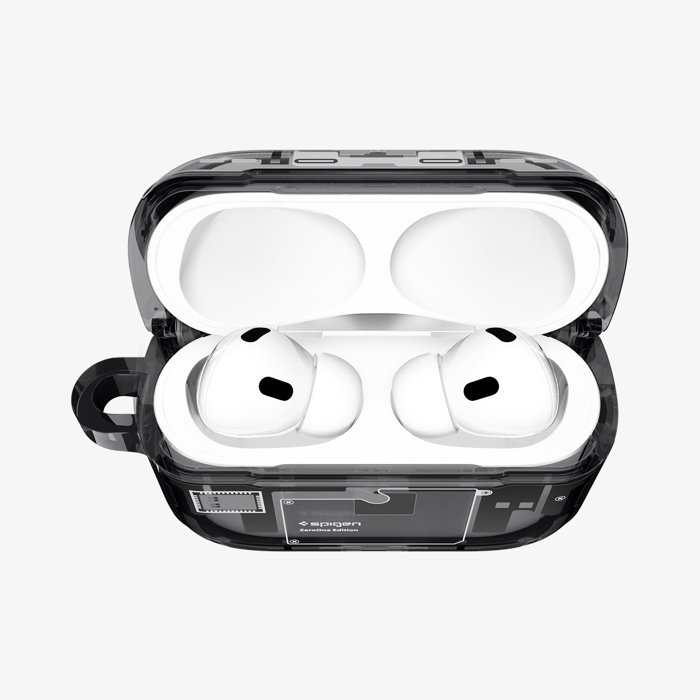 ACS09823 - AirPods Pro 3 Series Ultra Hybrid Zero One (MagFit) in Zero One Black showing the front with top open and AirPods inside