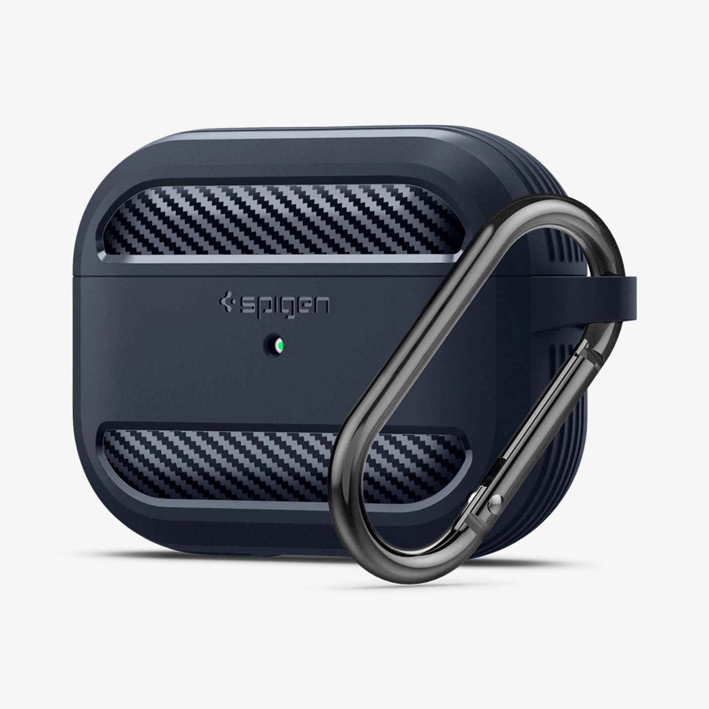 ASD01442 - AirPods Pro Rugged Armor in Charcoal Gray showing the front and partial side with carabiner attached