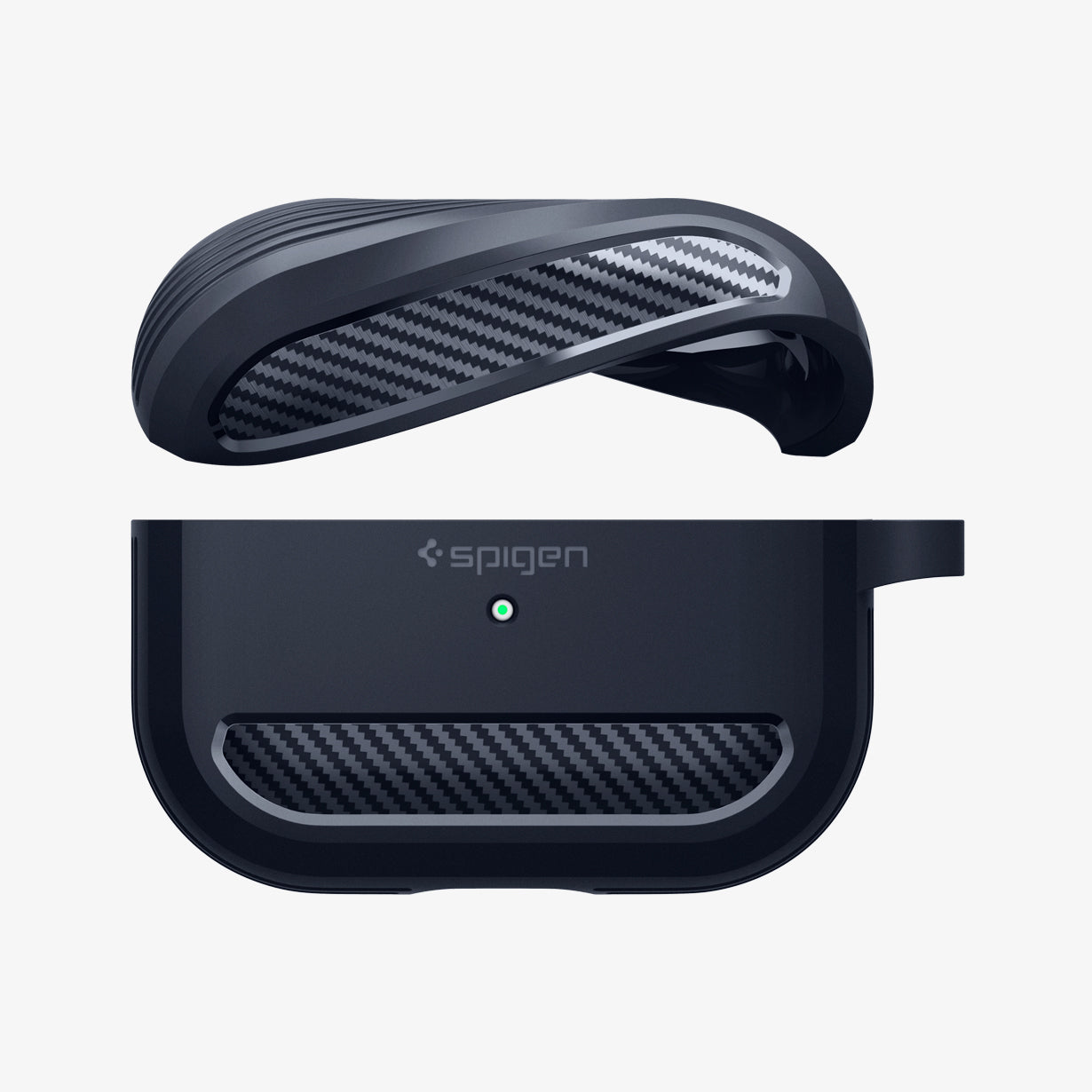 ASD01442 - AirPods Pro Rugged Armor in Charcoal Gray showing the top bending and hovering above the bottom of case