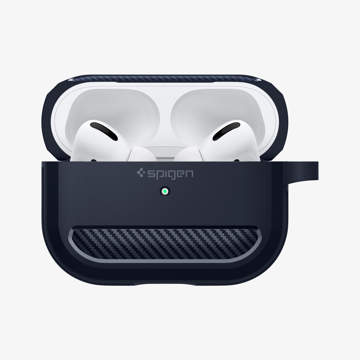 ASD01442 - AirPods Pro Rugged Armor in Charcoal Gray showing the front with top open and AirPods inside