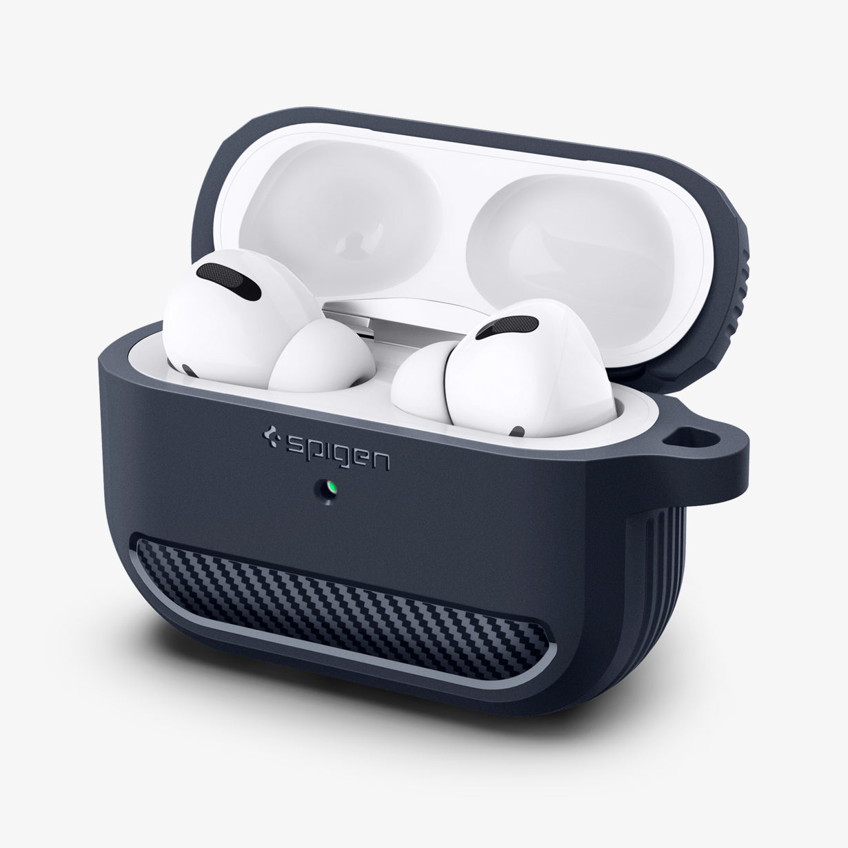 ASD01442 - AirPods Pro Rugged Armor in Charcoal Gray showing the front, side and top open with AirPods inside