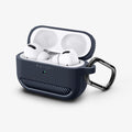 ASD01442 - AirPods Pro Rugged Armor in Charcoal Gray showing the front, carabiner and top open with AirPods inside