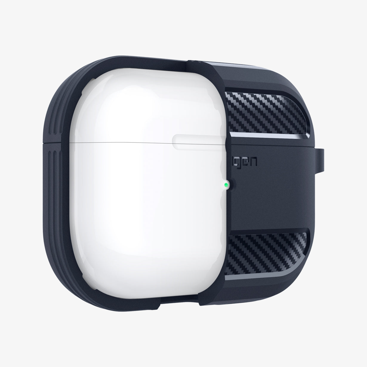 ASD01442 - AirPods Pro Rugged Armor in Charcoal Gray showing the front with case cut half open