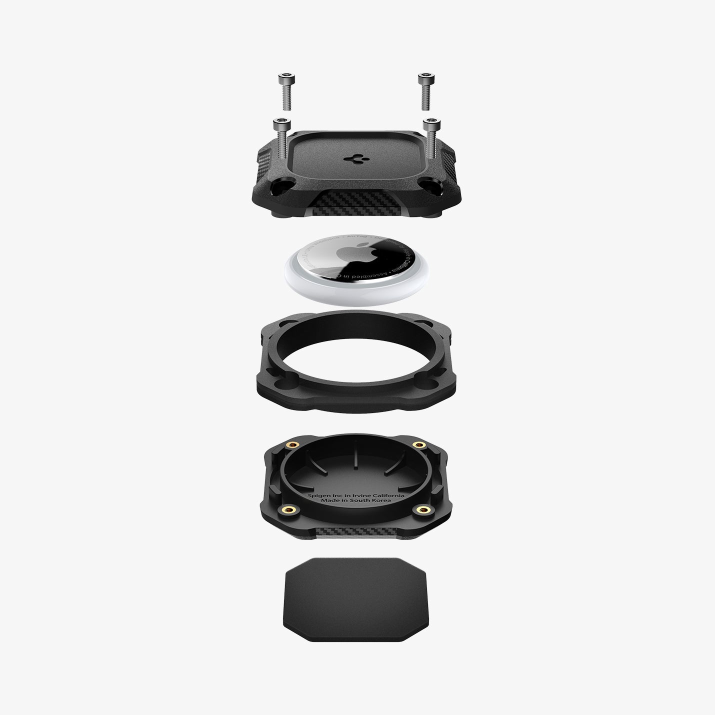 ACS09781 - 1 Pack Apple AirTag Tough Armor IP in Black showing the layers of the airtag case parts