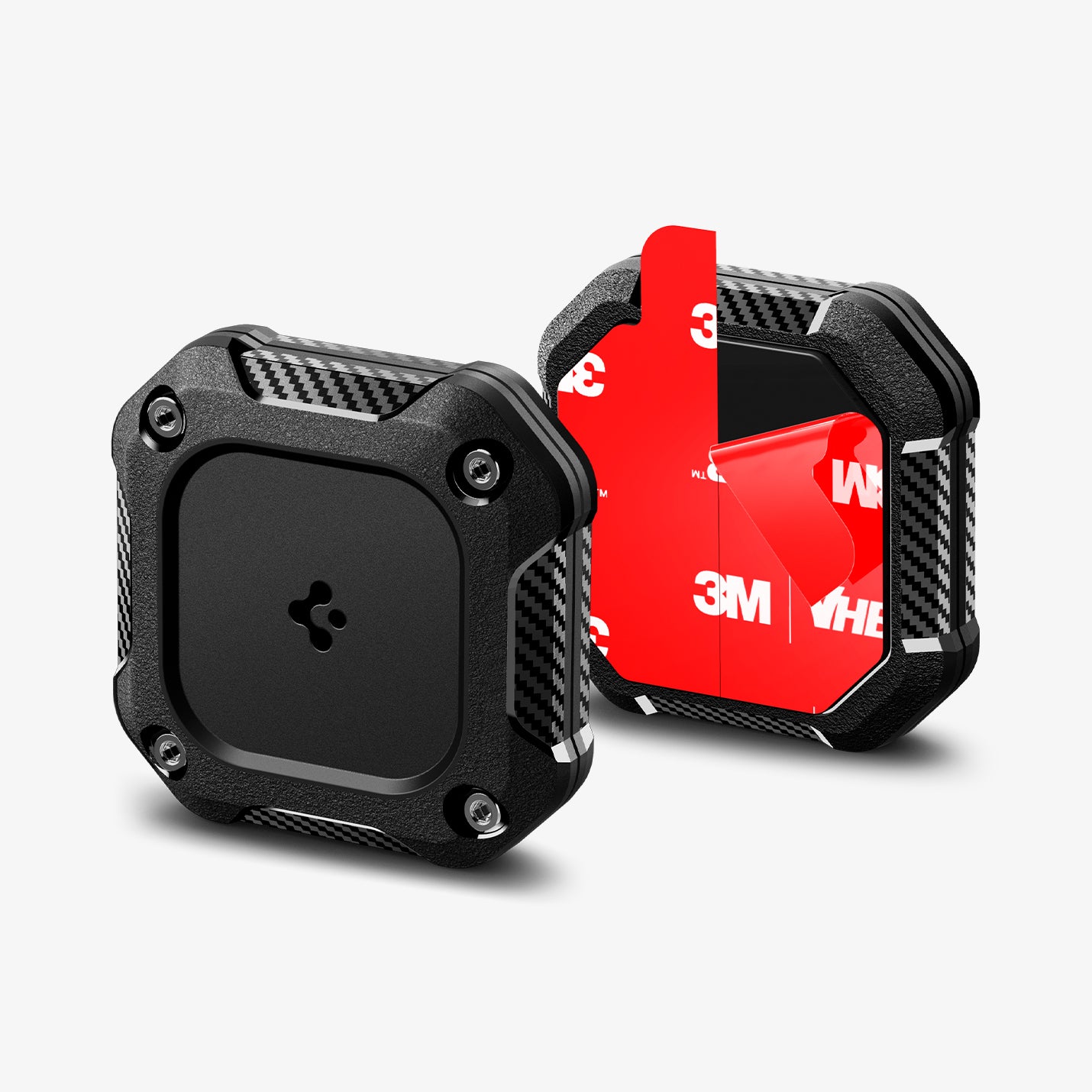 ACS09781 - 1 Pack Apple AirTag Tough Armor IP in Black showing the front and back with adhesive sticker film attached