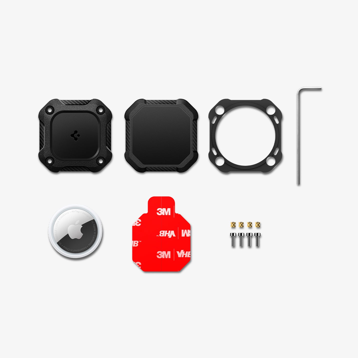 ACS09781 - 1 Pack Apple AirTag Tough Armor IP in Black showing the different parts of the airtag case with installation kit