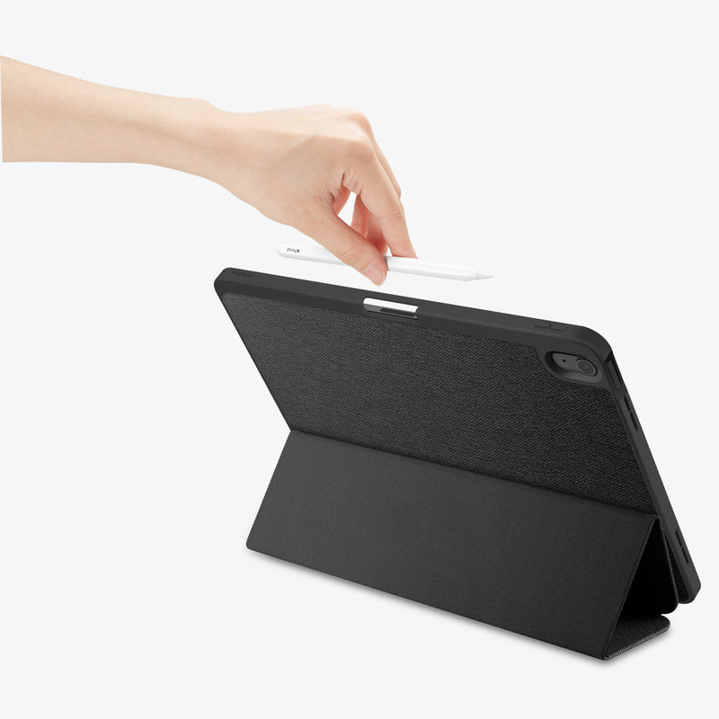 ACS07671 - iPad Air 12.9-inch Case Urban Fit in Black showing the back, with a folded front cover propped up as a stand while a hand holding a stylus pen