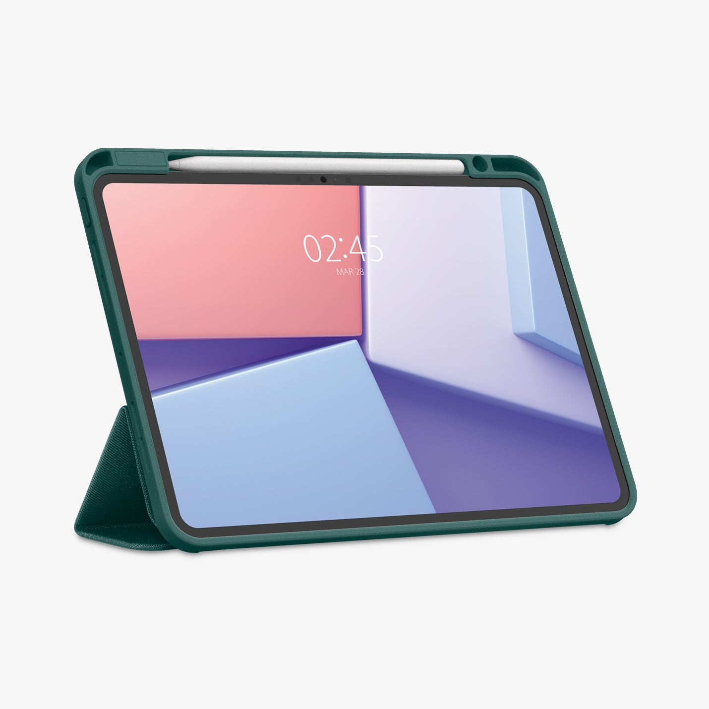 ACS07759 - iPad Pro 11-inch (2024) Case Urban Fit in Midnight Green showing the front with stylus and front cover folded, propped up behind to serve as a stand