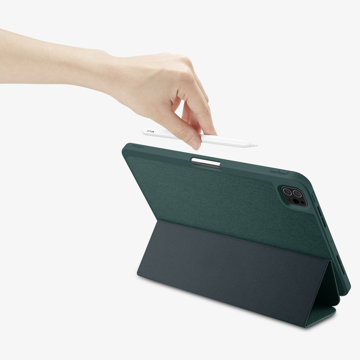 ACS07759 - iPad Pro 11-inch (2024) Case Urban Fit in Midnight Green showing the back, with a folded front cover propped up as a stand while a hand holding a stylus pen