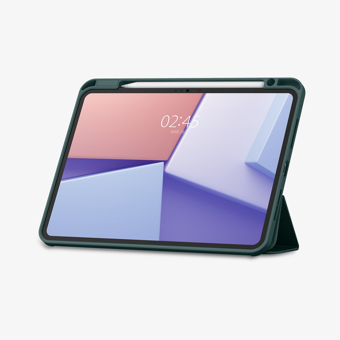 ACS07759 - iPad Pro 11-inch (2024) Case Urban Fit in Midnight Green showing the front with stylus pen attached, and partial folded front cover propped up as a stand