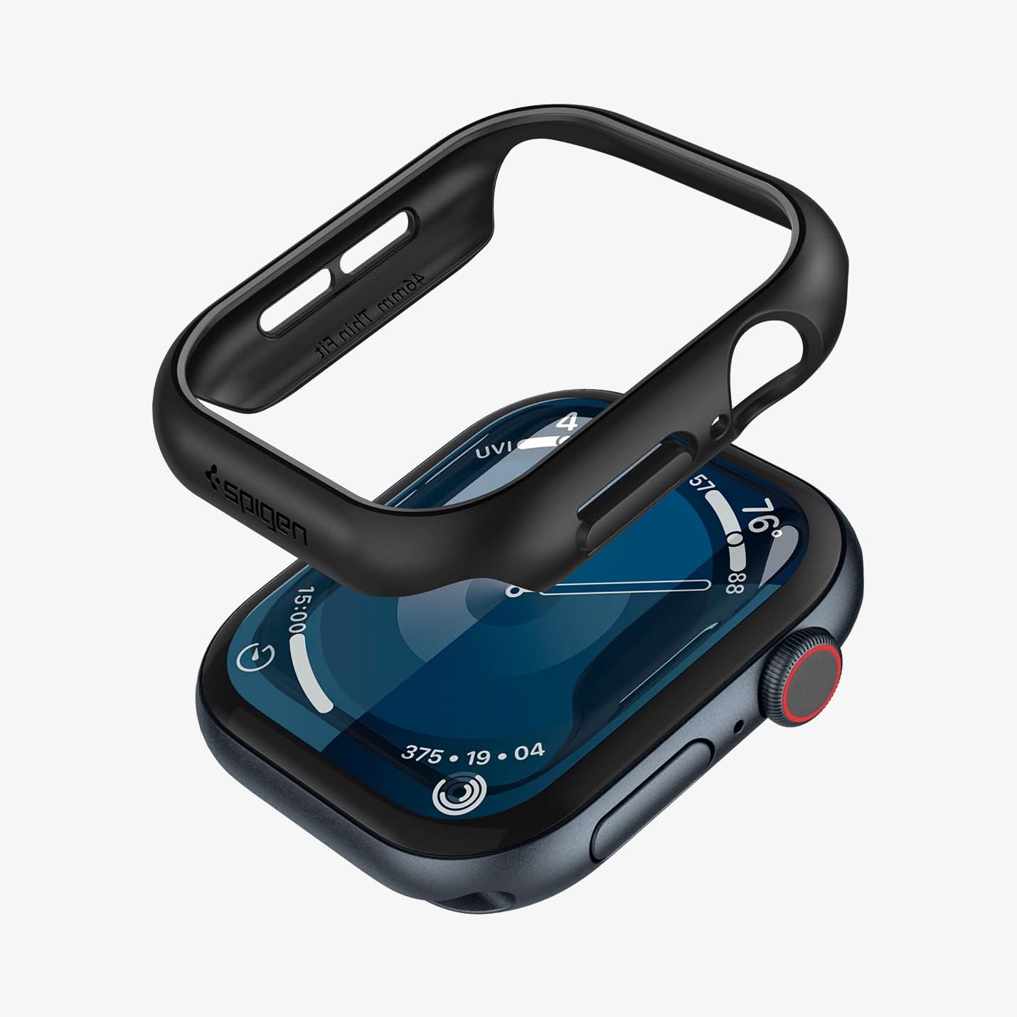 ACS08588 - Apple Watch 10 (42mm) Case Thin Fit in Black showing the front detached, hovering above the apple watch