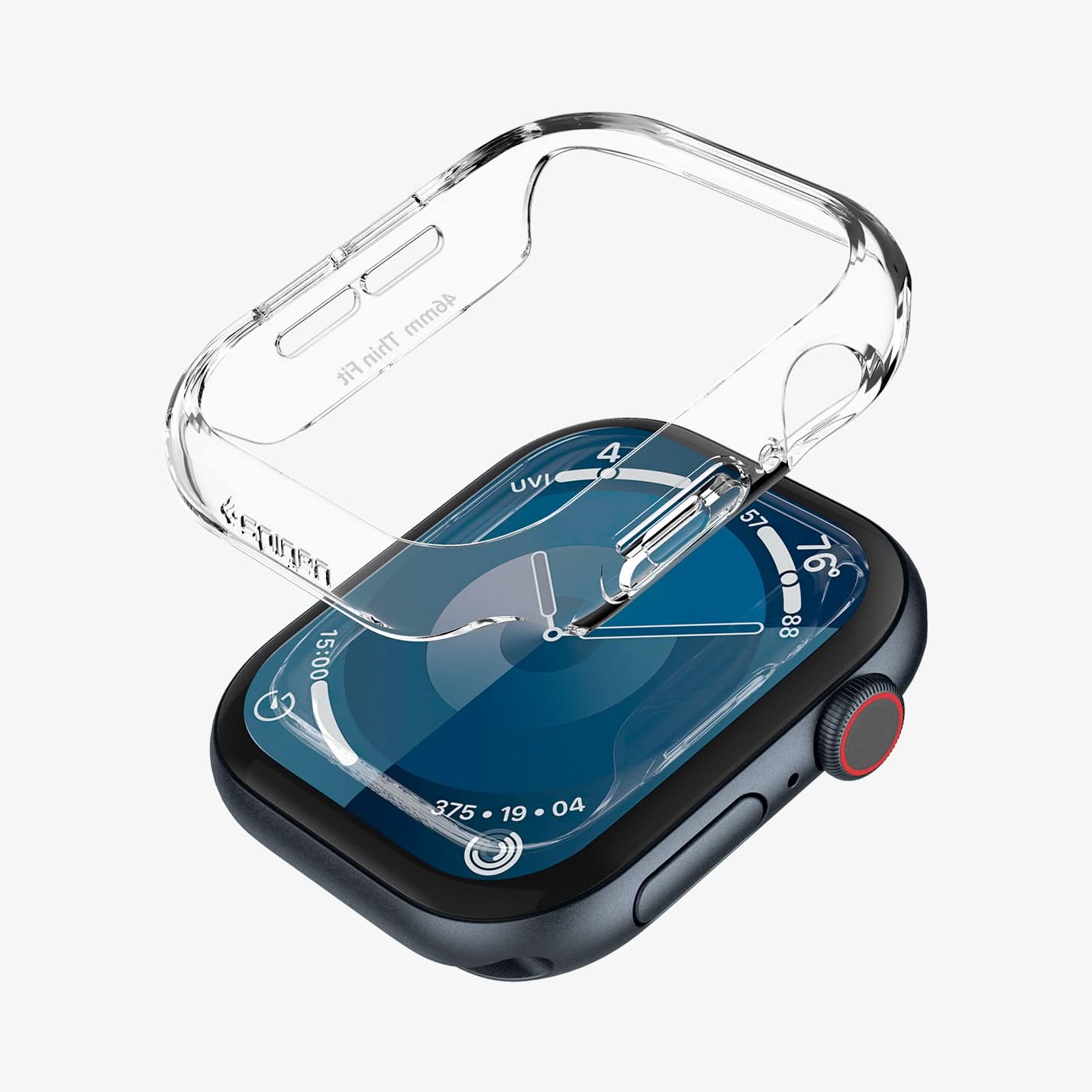 ACS08602 - Apple Watch 10 (46mm) Case Thin Fit in Crystal Clear showing the front detached, hovering above the apple watch face