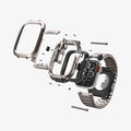 ACS07660 - Apple Watch (45mm) Case Metal Armor Pro in Gunmetal showing the watch head detached from its parts hovering above the apple watch case