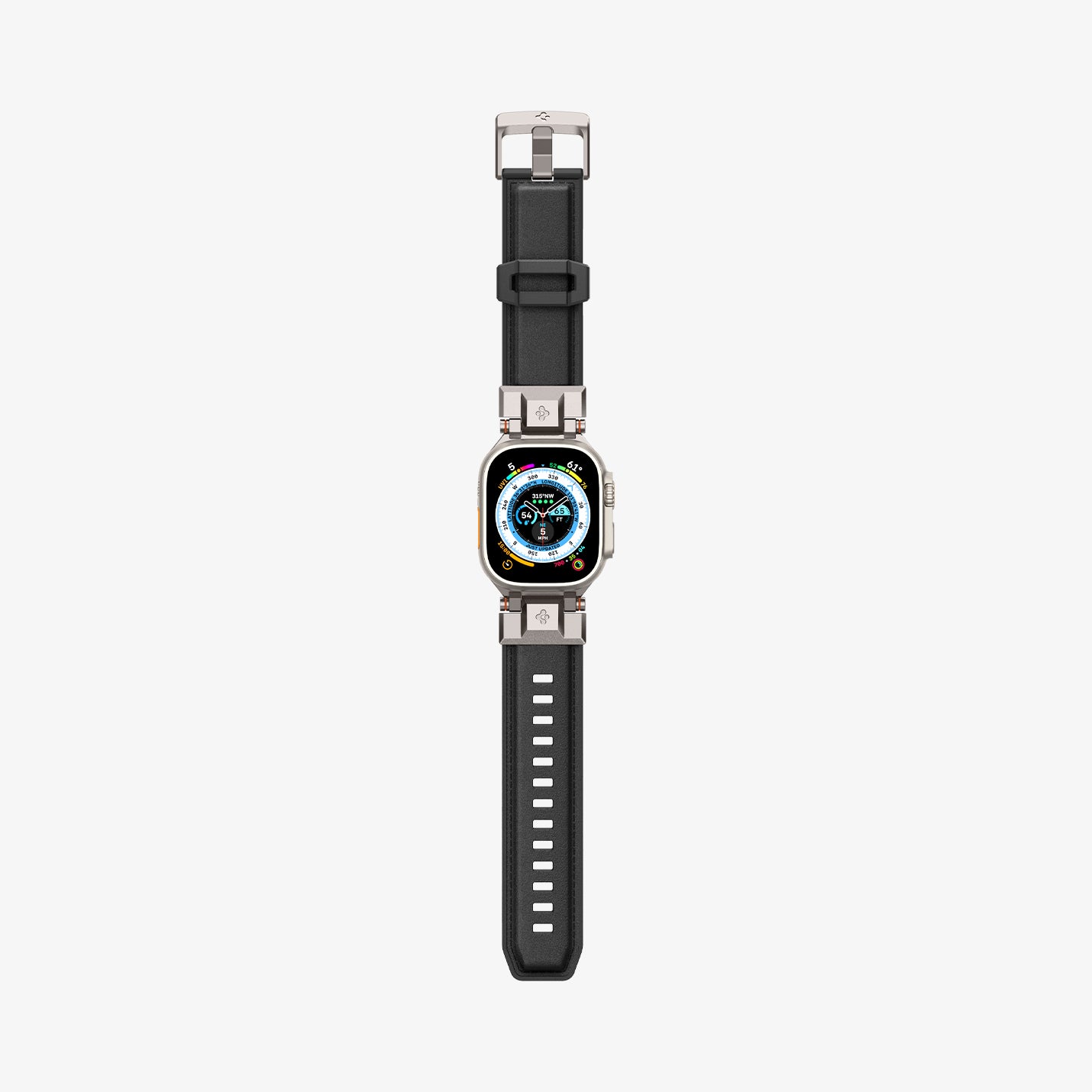 AMP07591 - Apple Watch (49mm) DuraPro Armor PU in Black showing the front and sides of the strap stretched out
