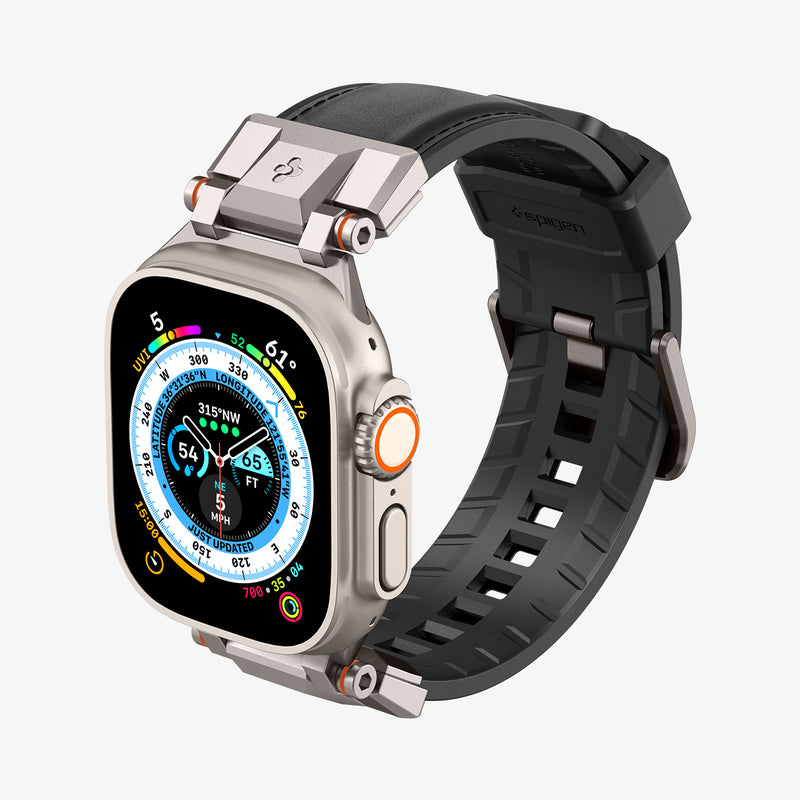 AMP07591 - Apple Watch (49mm) DuraPro Armor PU in Black showing the front, partial side and inner of the strap
