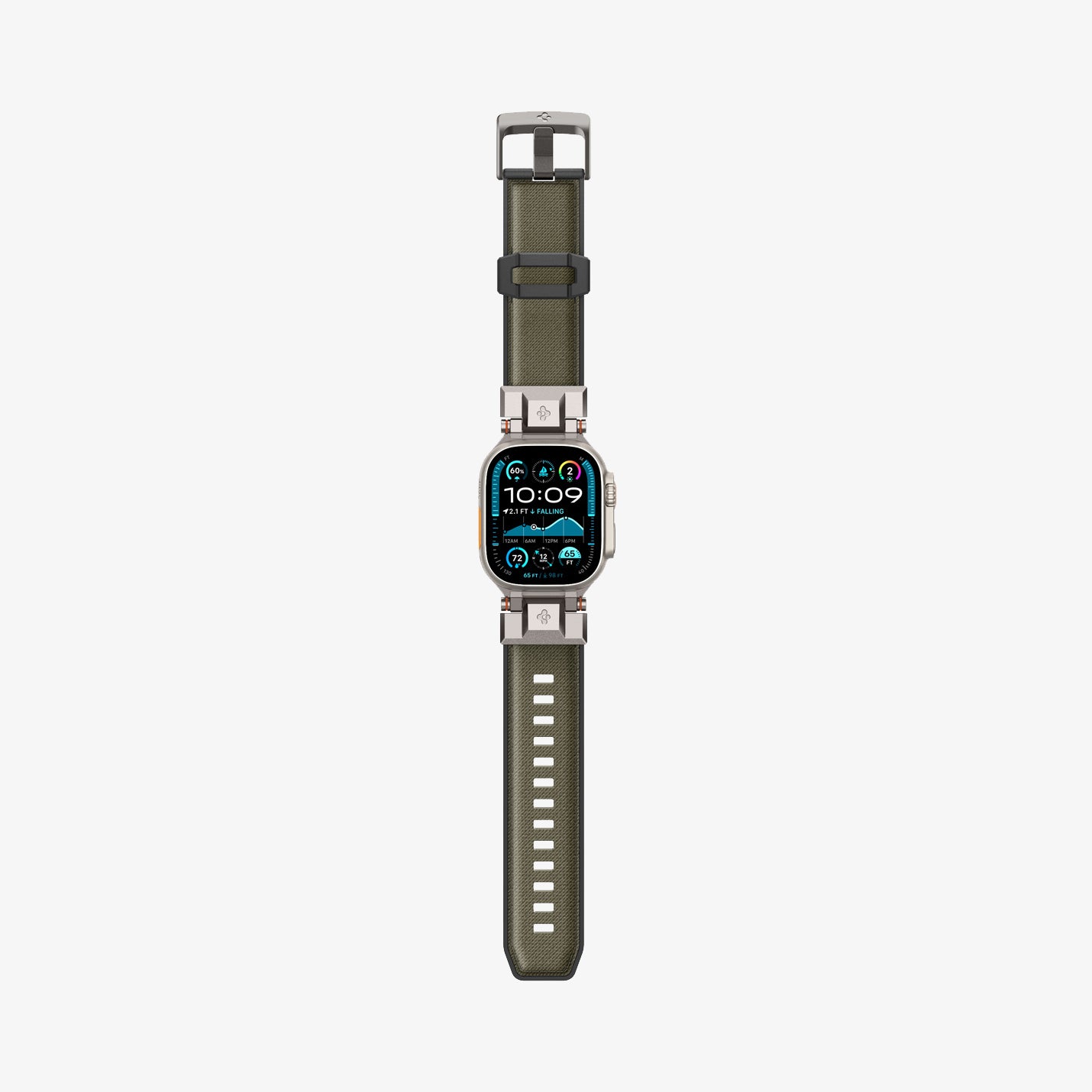 AMP09102 - Apple Watch Ultra (49mm) DuraPro Armor in Military Green showing the front with the watch band flat