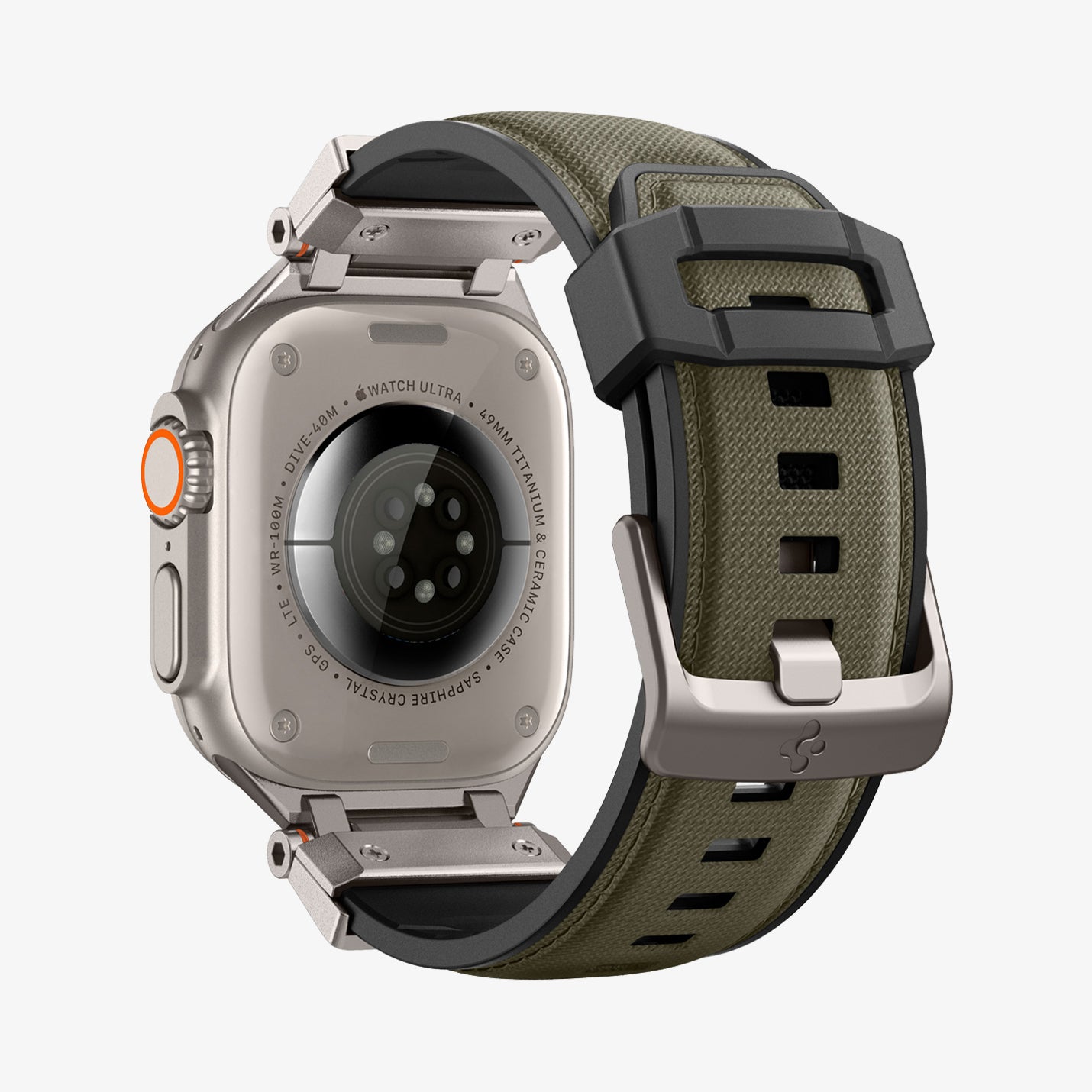 AMP09102 - Apple Watch Ultra (49mm) DuraPro Armor in Military Green showing the back and partial inside of watch band