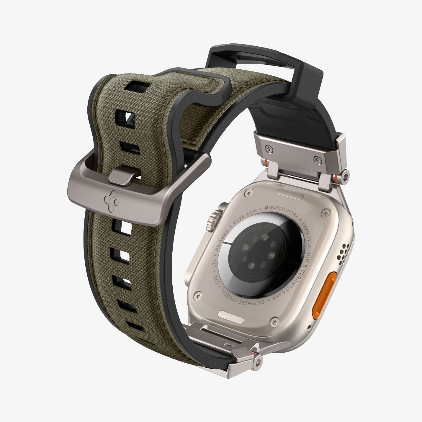 AMP09102 - Apple Watch Ultra (49mm) DuraPro Armor in Military Green showing the back and partial inside of watch band
