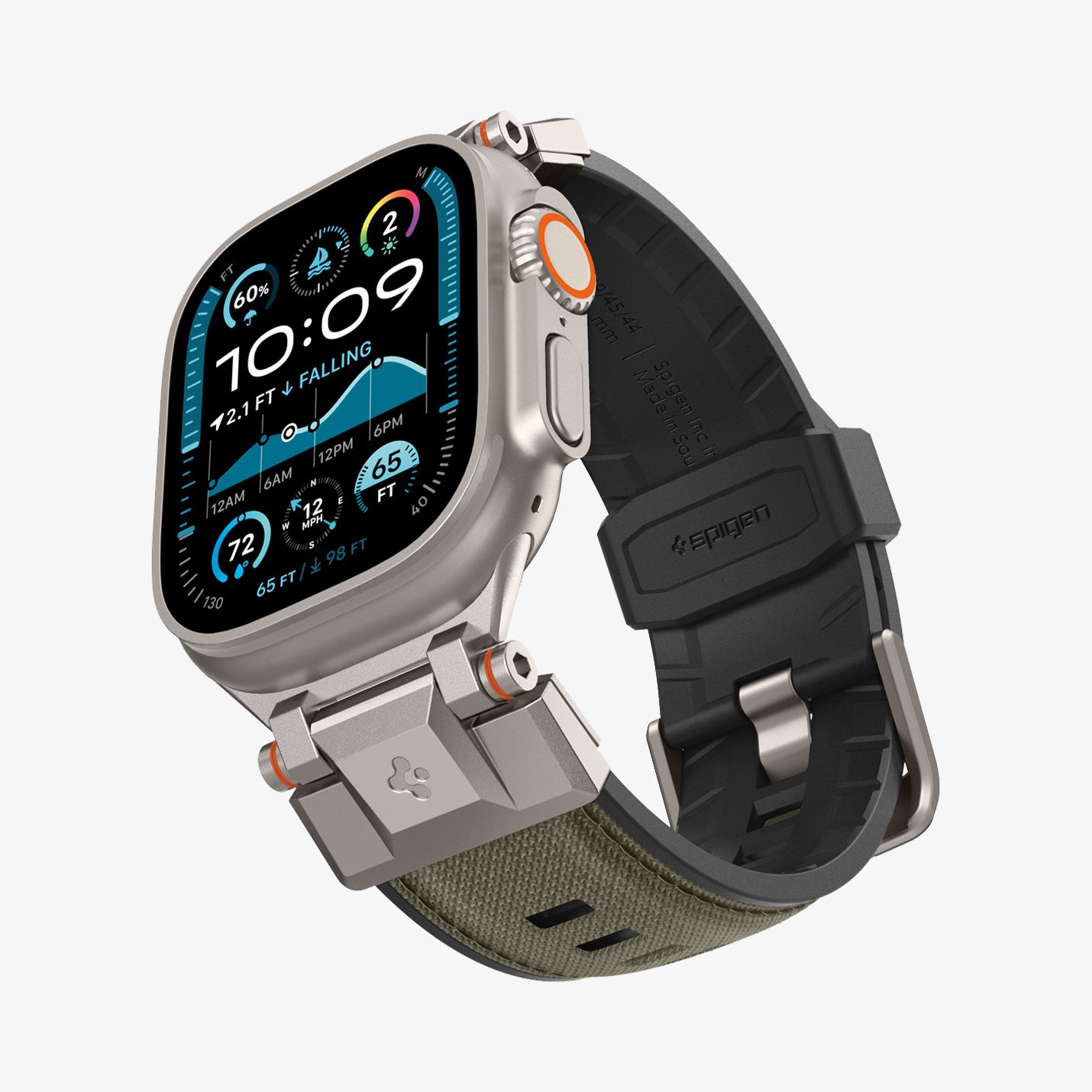 AMP09102 - Apple Watch Ultra (49mm) DuraPro Armor in Military Green showing the front, side and partial bottom