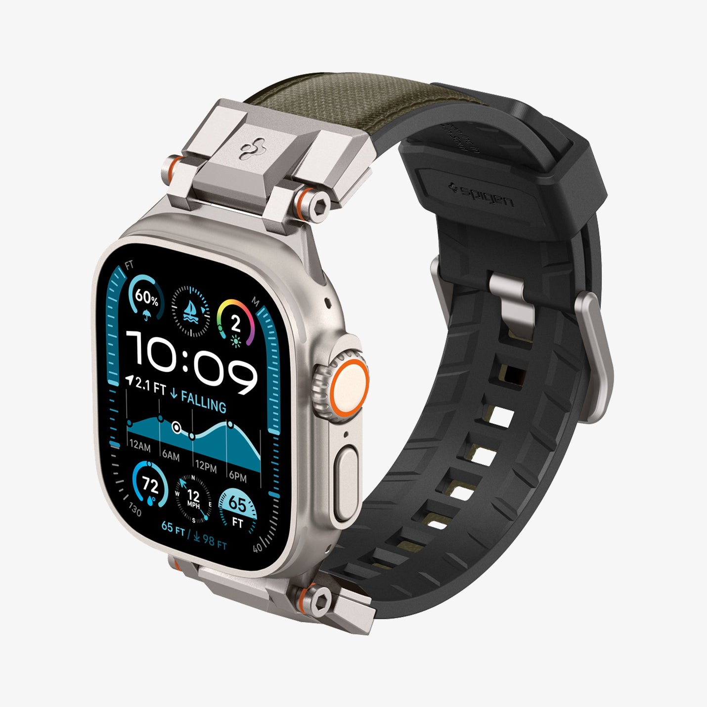AMP09102 - Apple Watch Ultra (49mm) DuraPro Armor in Military Green showing the front of the watch face, partial side and inner