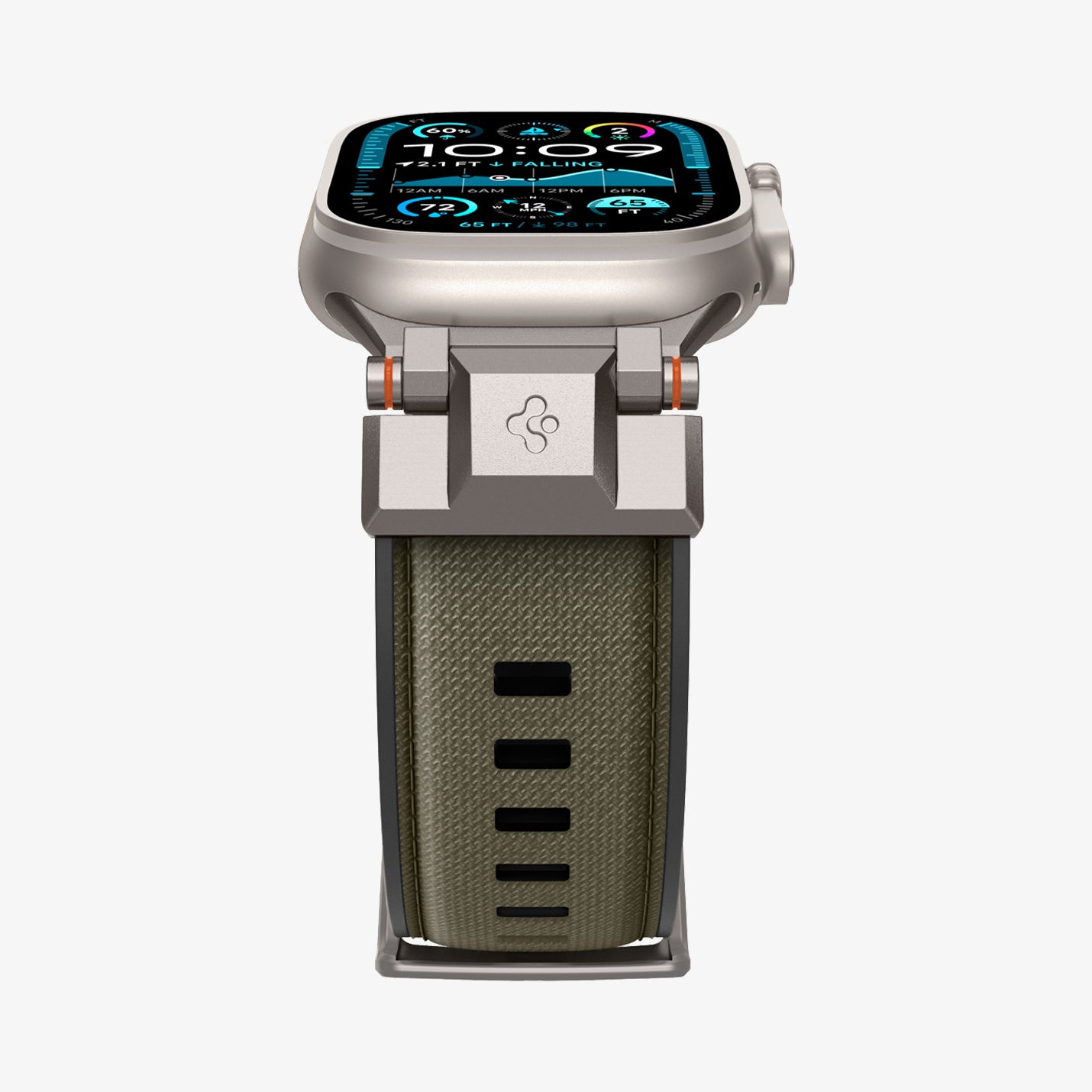 AMP09102 - Apple Watch Ultra (49mm) DuraPro Armor in Military Green showing the partial front of watch face and side