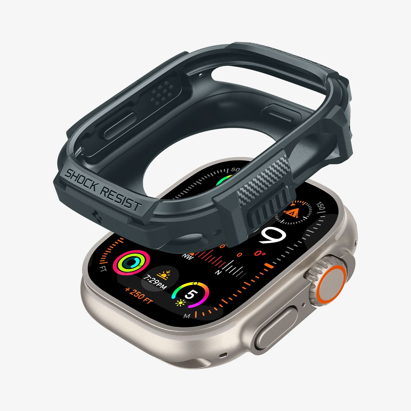 ACS07383 - Apple Watch (49mm) Rugged Armor in Abyss Green showing the case hovering above the face watch