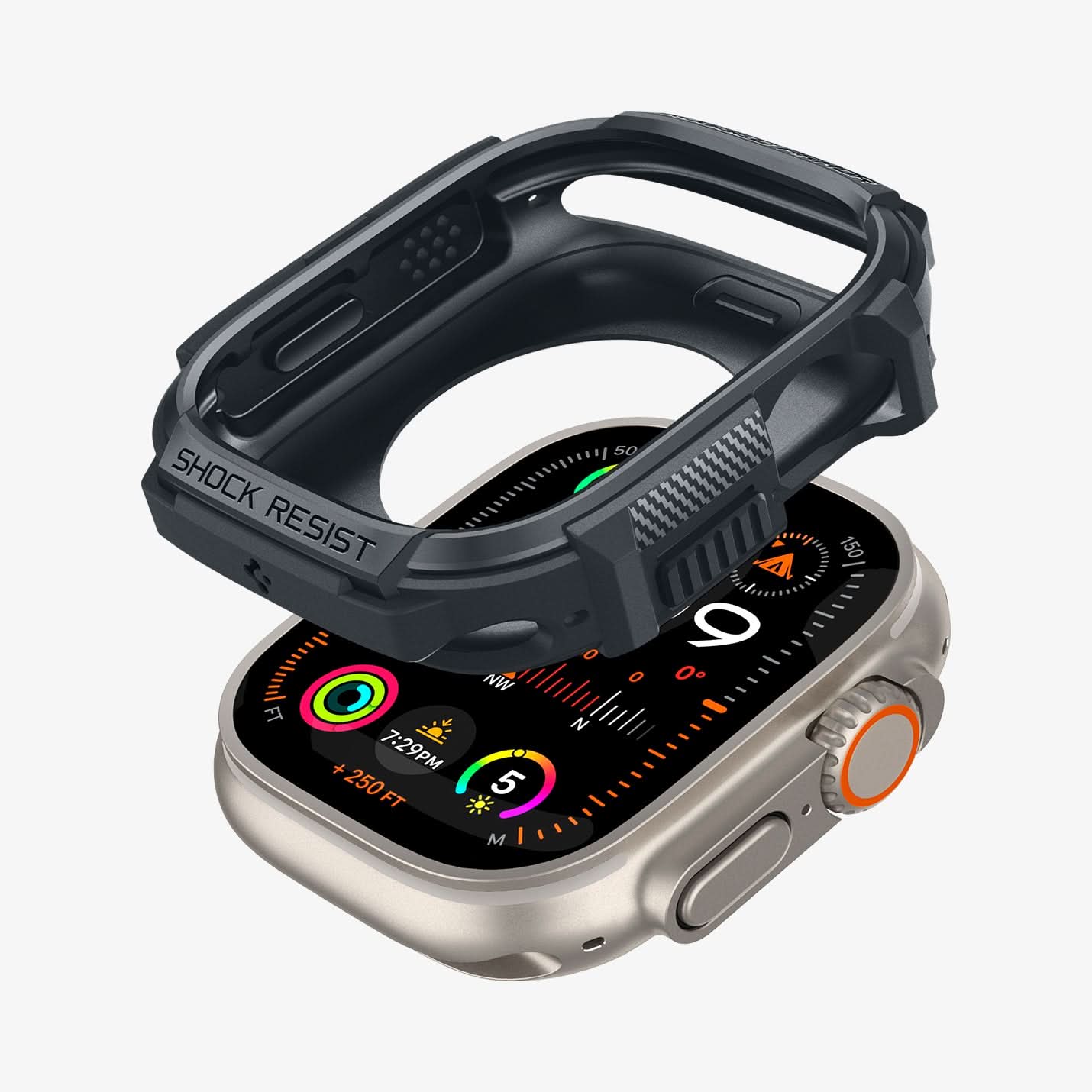 ACS07385 - Apple Watch (49mm) Rugged Armor in Dark Gray showing the case hovering above the front of the watch face