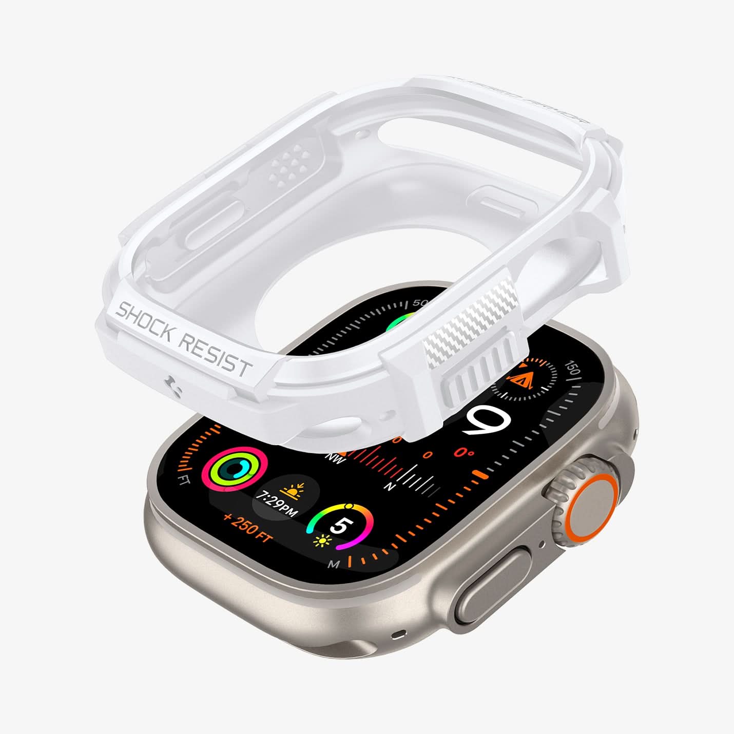 ACS07384 - Apple Watch (49mm) Rugged Armor in White showing the case hovering above the face of the watch