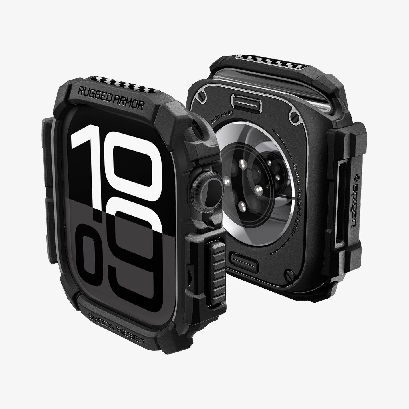 ACS08585 - Apple Watch 10 (42mm) Case Rugged Armor in Matte Black showing the front, back, partial sides and top