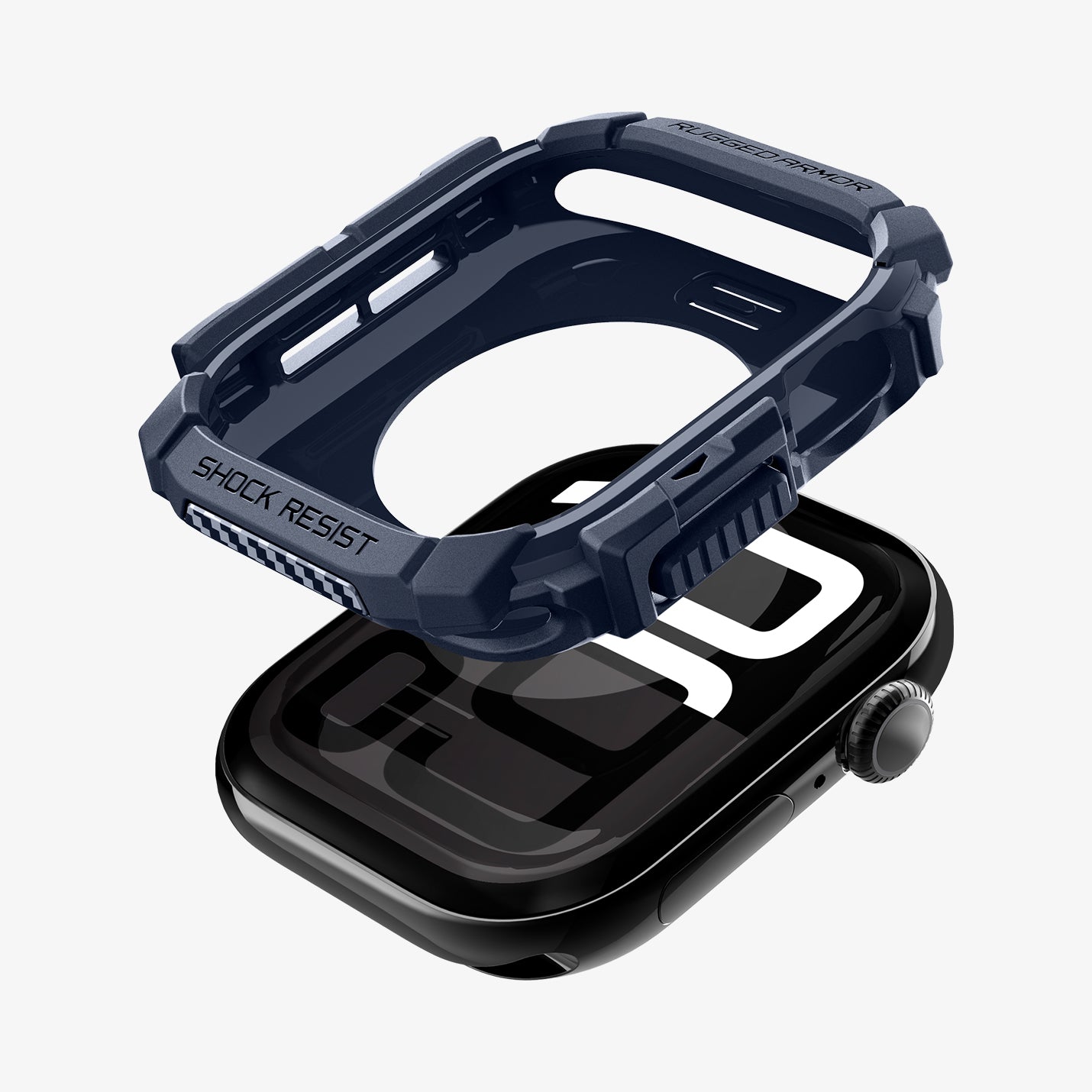 ACS08586 - Apple Watch 10 (42mm) Case Rugged Armor in Navy Blue showing the inner frame and sides hovering above the watch face