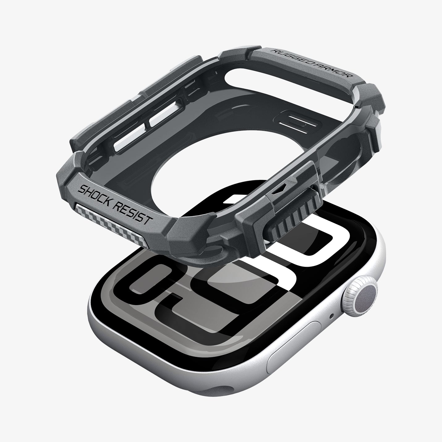 ACS08598 - Apple Watch 10 (46mm) Case Rugged Armor in Dark Gray showing the inner frame and sides hovering above the watch face