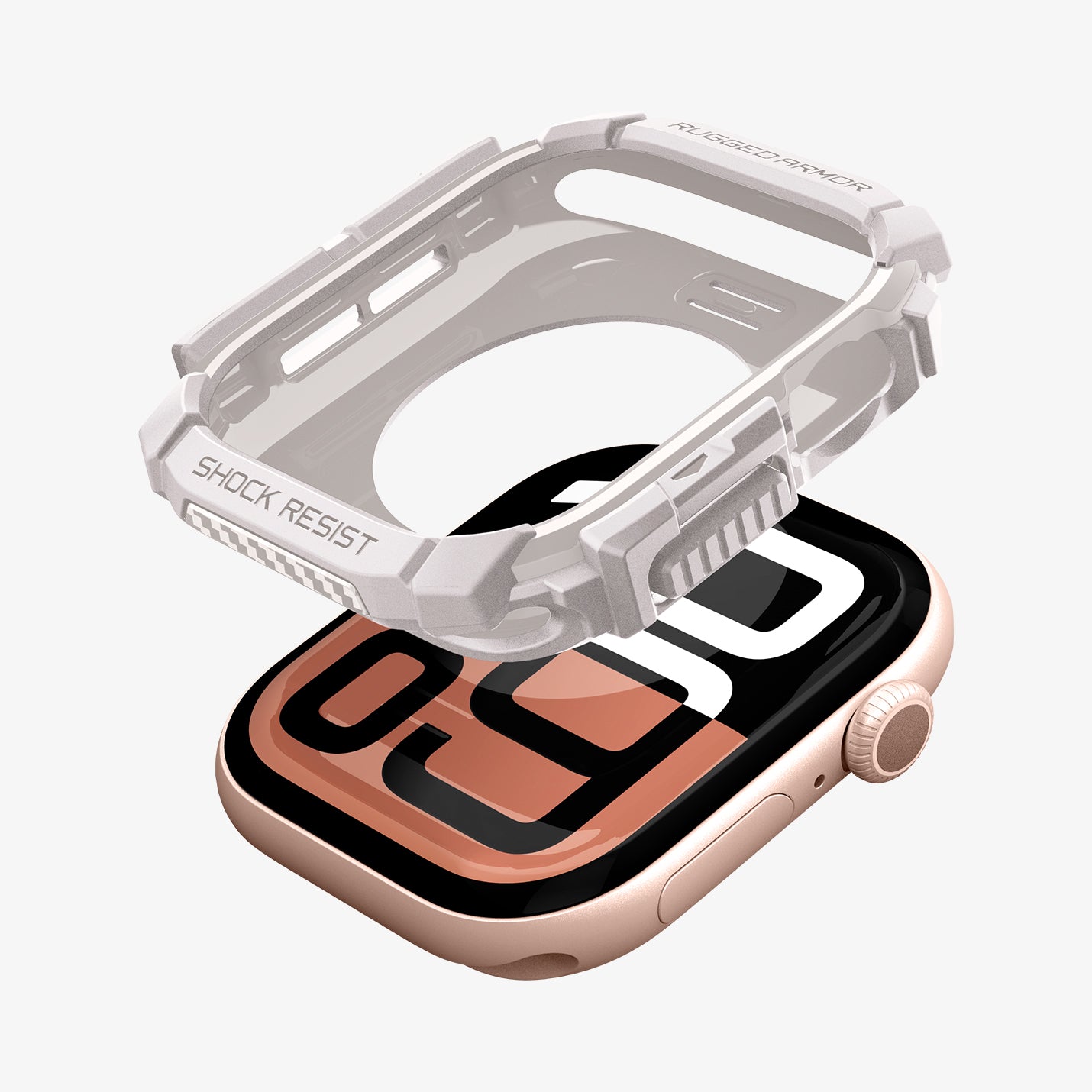 ACS08600 - Apple Watch 10 (46mm) Case Rugged Armor in Dune Beige showing the inner frame and sides hovering above the watch face