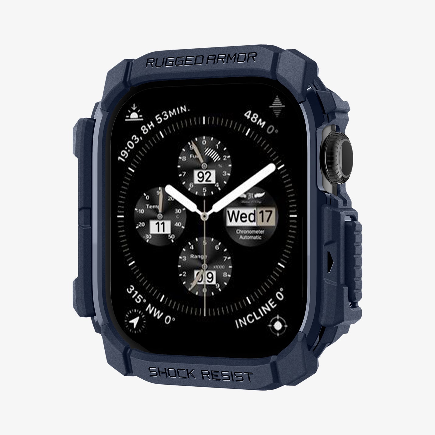 ACS08599 - Apple Watch 10 (46mm) Case Rugged Armor in Navy Blue showing the front, partial side
